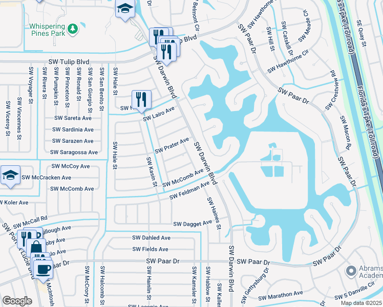 map of restaurants, bars, coffee shops, grocery stores, and more near 3641 Southwest Haines Street in Port St. Lucie