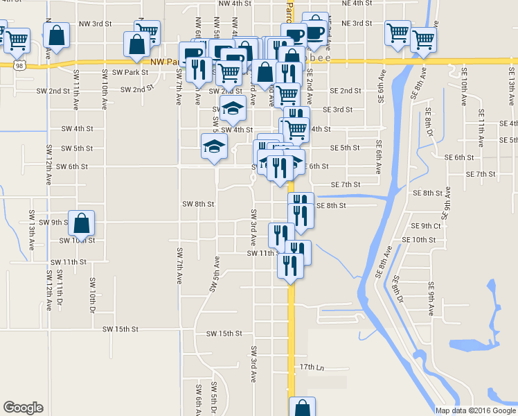 map of restaurants, bars, coffee shops, grocery stores, and more near 801 SW 3rd Ave in Okeechobee