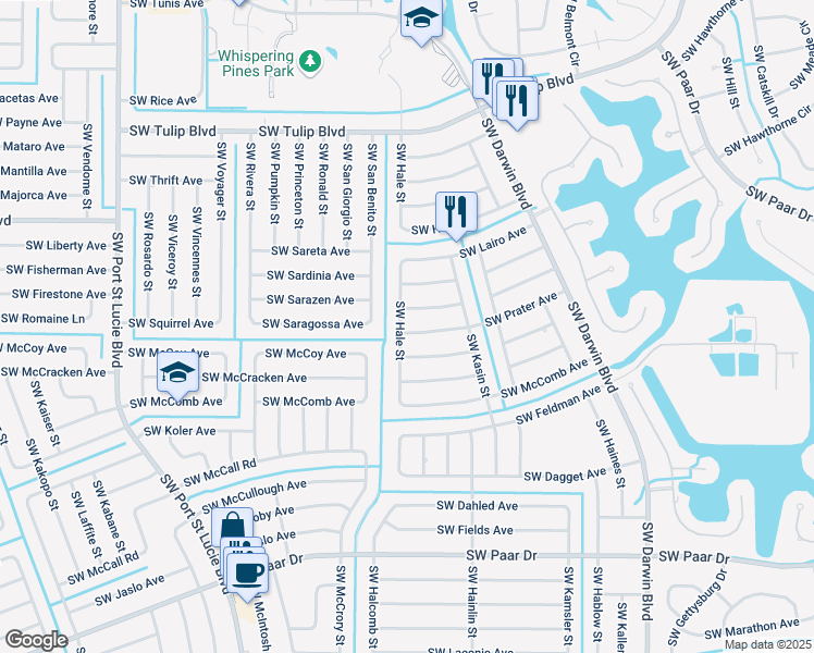 map of restaurants, bars, coffee shops, grocery stores, and more near 597 Southwest Prater Avenue in Port St. Lucie