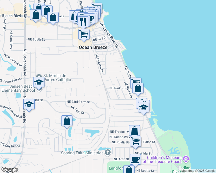 map of restaurants, bars, coffee shops, grocery stores, and more near 2121 Northeast Park Street in Jensen Beach