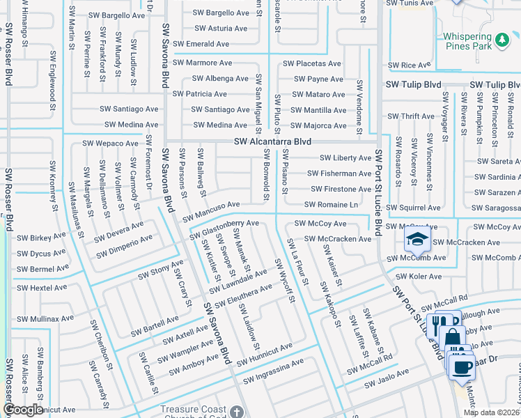 map of restaurants, bars, coffee shops, grocery stores, and more near 3685 Southwest Bonwold Street in Port St. Lucie