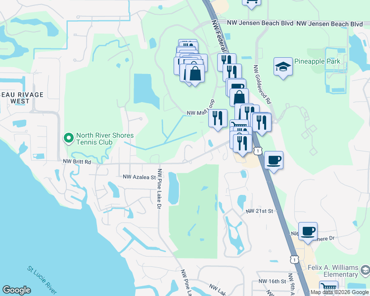 map of restaurants, bars, coffee shops, grocery stores, and more near 2448 NW Hummingbird Cir in Stuart