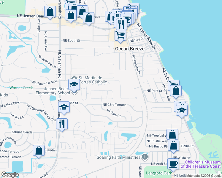 map of restaurants, bars, coffee shops, grocery stores, and more near 1763 Northeast 25th Terrace in Jensen Beach