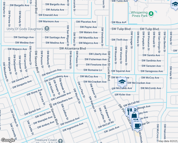map of restaurants, bars, coffee shops, grocery stores, and more near 1038 Southwest Romaine Lane in Port St. Lucie