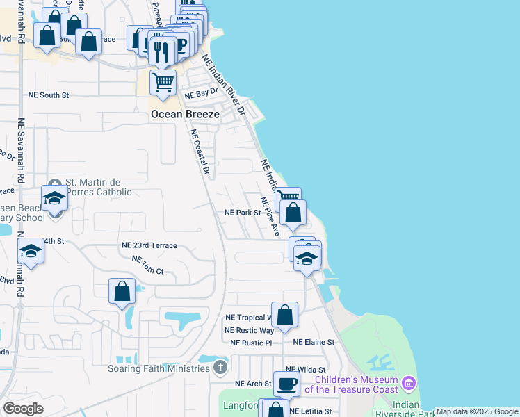 map of restaurants, bars, coffee shops, grocery stores, and more near 2291 Northeast Park Street in Jensen Beach