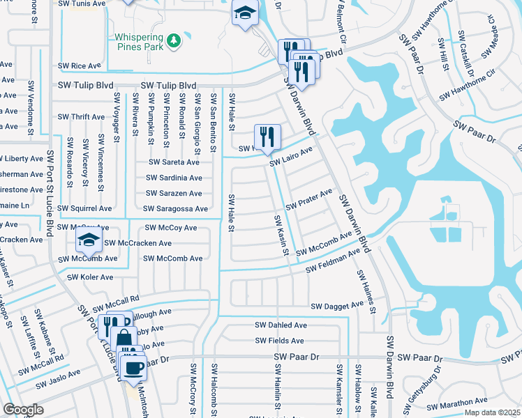 map of restaurants, bars, coffee shops, grocery stores, and more near 525 Southwest Prater Avenue in Port St. Lucie