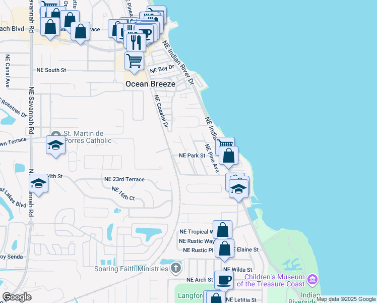 map of restaurants, bars, coffee shops, grocery stores, and more near 2181 Northeast Park Street in Jensen Beach
