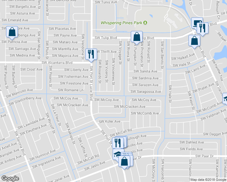 map of restaurants, bars, coffee shops, grocery stores, and more near 3698 Southwest Vincennes Street in Port Saint Lucie