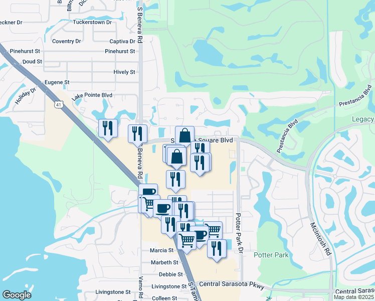 map of restaurants, bars, coffee shops, grocery stores, and more near 8201 South Tamiami Trail in Sarasota