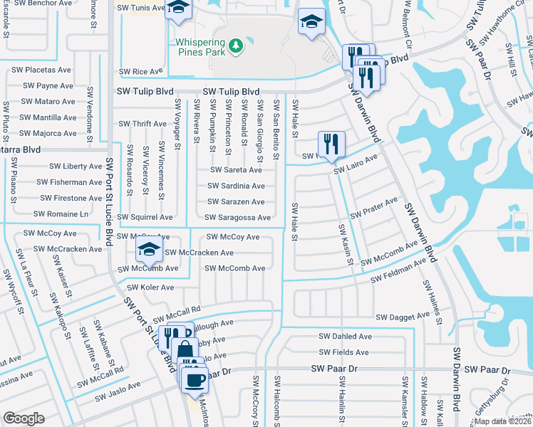 map of restaurants, bars, coffee shops, grocery stores, and more near 606 Southwest Saragossa Avenue in Port St. Lucie