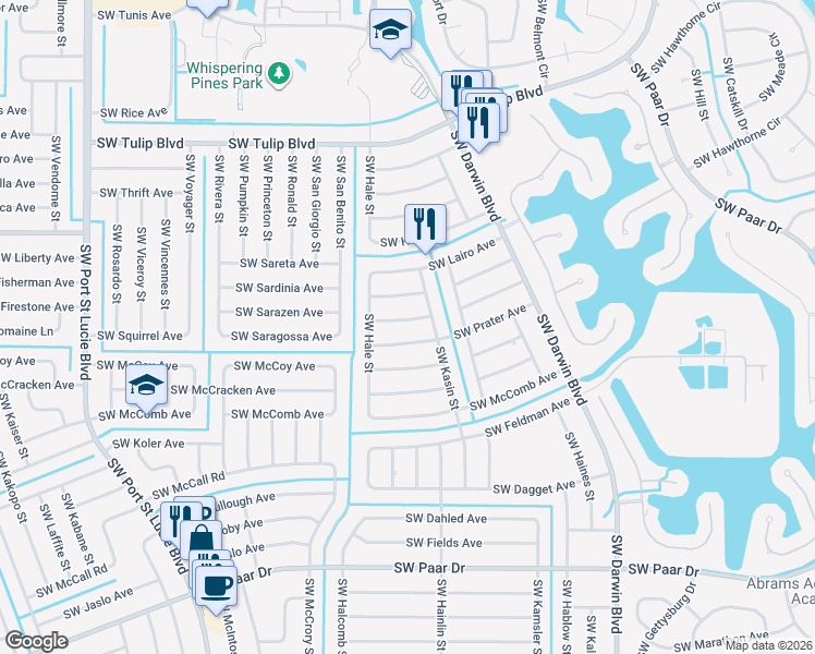 map of restaurants, bars, coffee shops, grocery stores, and more near 525 Southwest Prater Avenue in Port St. Lucie