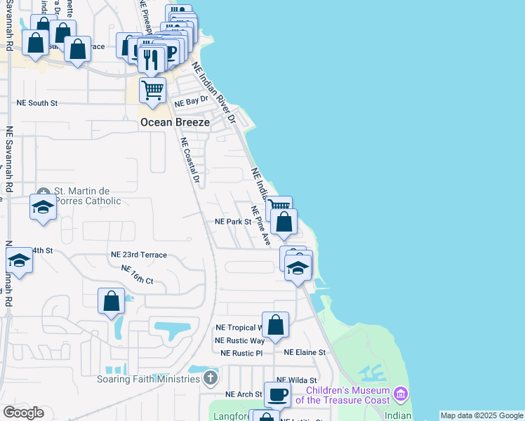 map of restaurants, bars, coffee shops, grocery stores, and more near 2291 Northeast Park Street in Jensen Beach