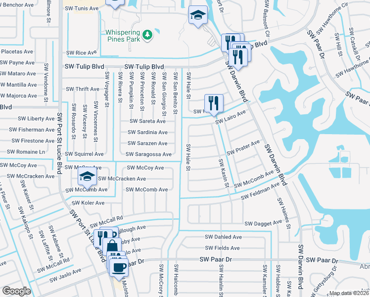 map of restaurants, bars, coffee shops, grocery stores, and more near 597 Southwest Prater Avenue in Port St. Lucie