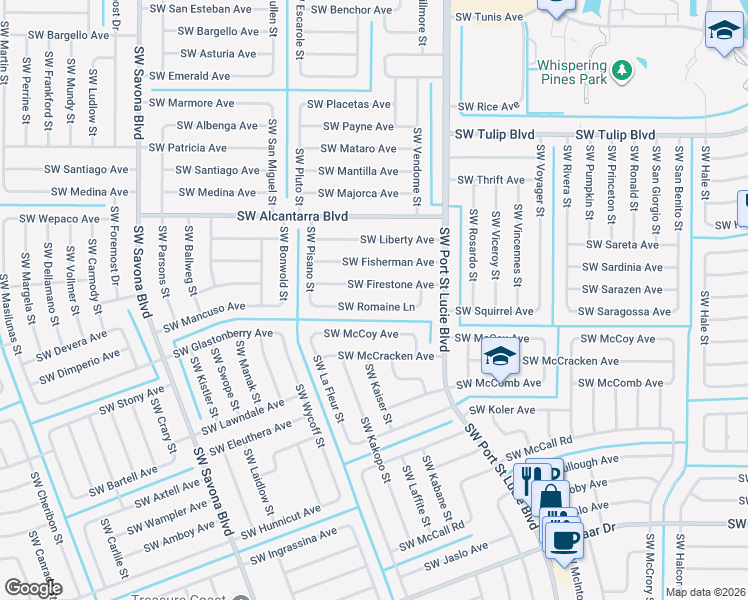 map of restaurants, bars, coffee shops, grocery stores, and more near 1038 Southwest Romaine Lane in Port St. Lucie