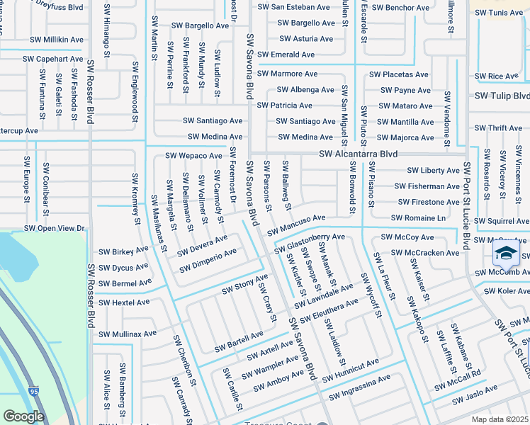 map of restaurants, bars, coffee shops, grocery stores, and more near 3689 Southwest Savona Boulevard in Port St. Lucie