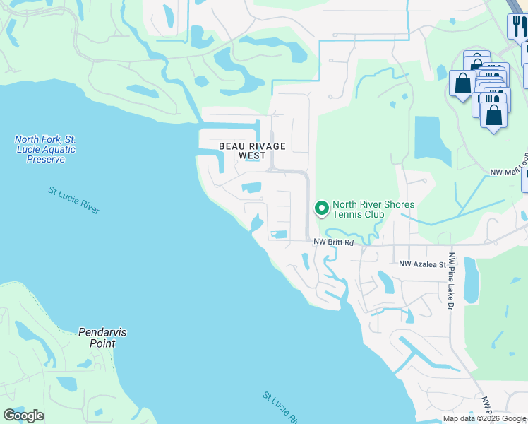 map of restaurants, bars, coffee shops, grocery stores, and more near 2541 Eventide Place in Stuart