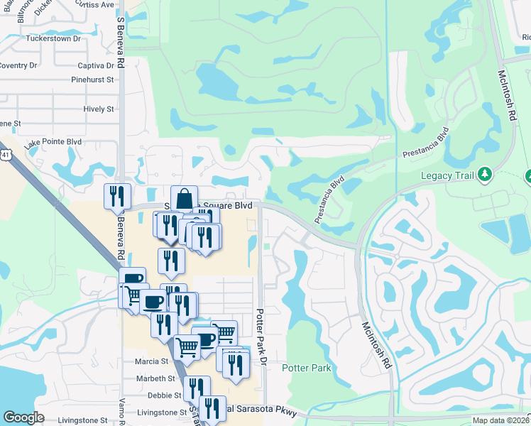 map of restaurants, bars, coffee shops, grocery stores, and more near 3951 Square East Lane in Sarasota
