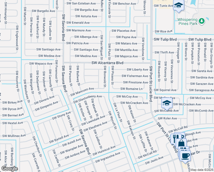 map of restaurants, bars, coffee shops, grocery stores, and more near 3655 Southwest Bonwold Street in Port St. Lucie