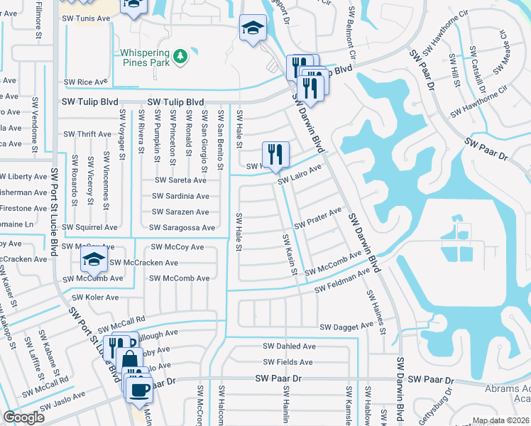 map of restaurants, bars, coffee shops, grocery stores, and more near 516 Southwest Kaabe Avenue in Port St. Lucie