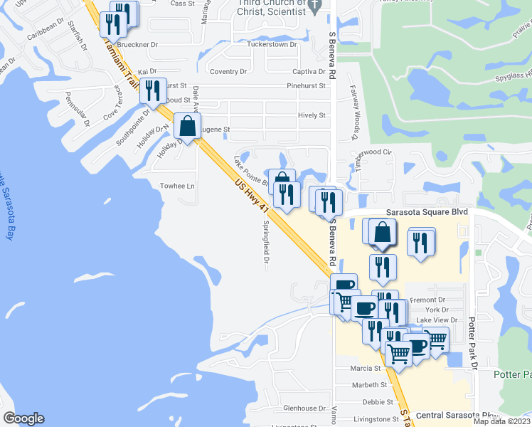 map of restaurants, bars, coffee shops, grocery stores, and more near 7950 South Tamiami Trail in Sarasota