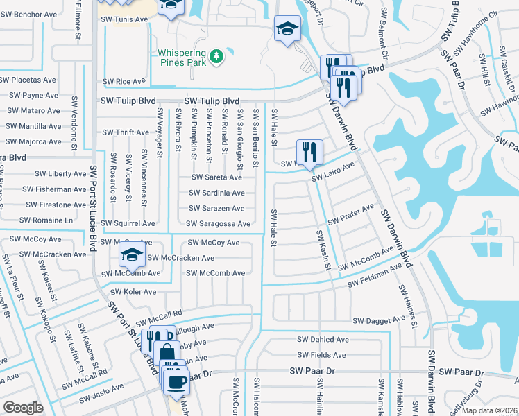 map of restaurants, bars, coffee shops, grocery stores, and more near 3656 Southwest San Benito Street in Port St. Lucie