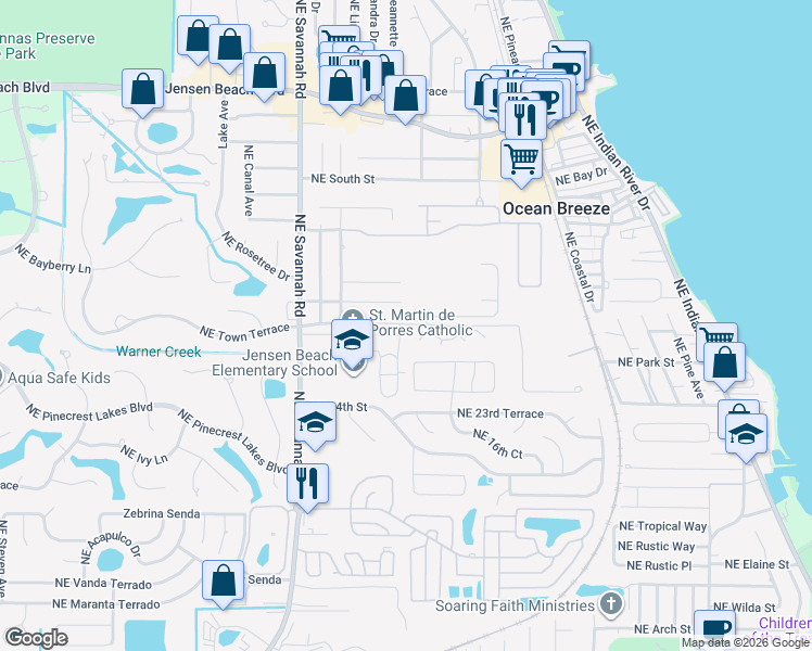 map of restaurants, bars, coffee shops, grocery stores, and more near 1497 Northeast Cedar Street in Jensen Beach