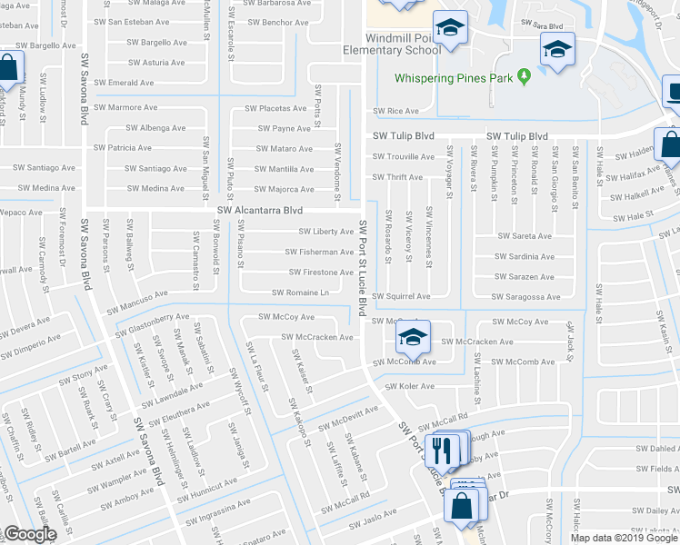 map of restaurants, bars, coffee shops, grocery stores, and more near 948 Southwest Firestone Avenue in Port Saint Lucie