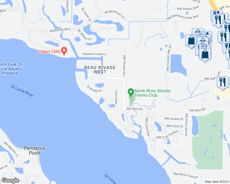 map of restaurants, bars, coffee shops, grocery stores, and more near 2551 Northwest Captiva Cove in Stuart