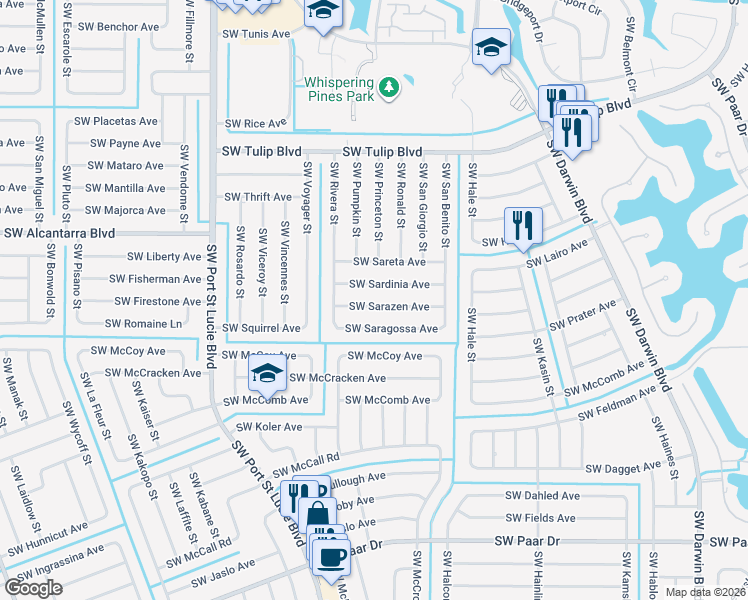 map of restaurants, bars, coffee shops, grocery stores, and more near 715 Southwest Sarazen Avenue in Port St. Lucie