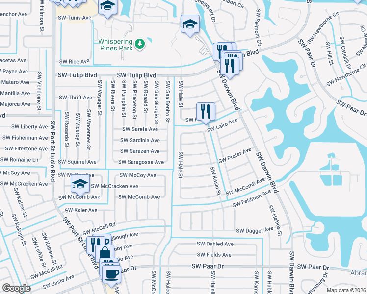 map of restaurants, bars, coffee shops, grocery stores, and more near 598 Southwest Kaabe Avenue in Port St. Lucie