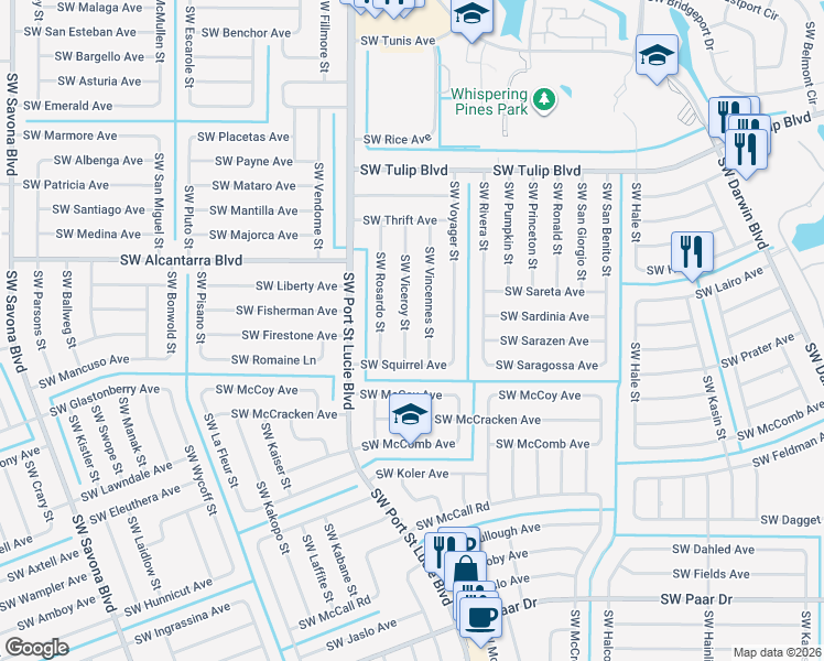 map of restaurants, bars, coffee shops, grocery stores, and more near 3649 Southwest Viceroy Street in Port St. Lucie