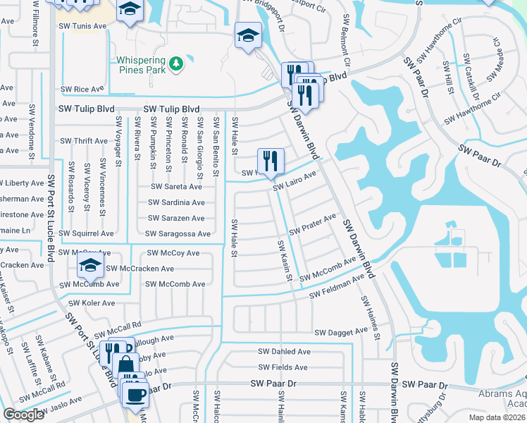 map of restaurants, bars, coffee shops, grocery stores, and more near 516 Southwest Kaabe Avenue in Port St. Lucie