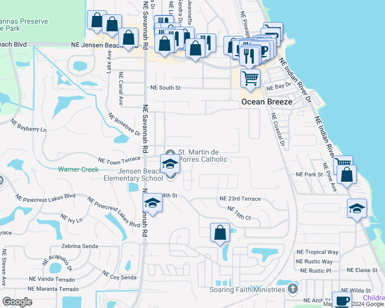 map of restaurants, bars, coffee shops, grocery stores, and more near 1497 Northeast Cedar Street in Jensen Beach