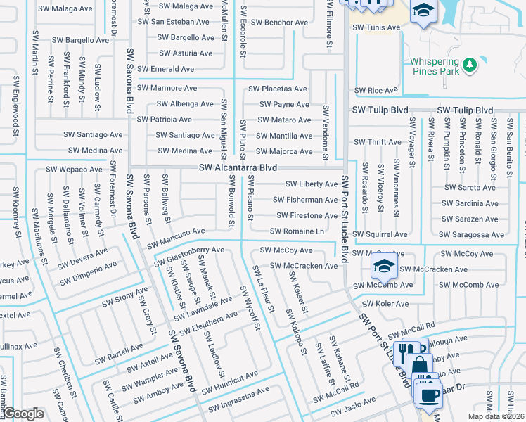 map of restaurants, bars, coffee shops, grocery stores, and more near 1073 Southwest Firestone Avenue in Port St. Lucie