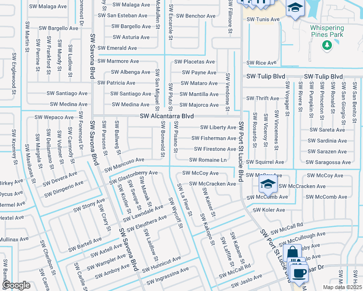 map of restaurants, bars, coffee shops, grocery stores, and more near 1079 Southwest Firestone Avenue in Port St. Lucie