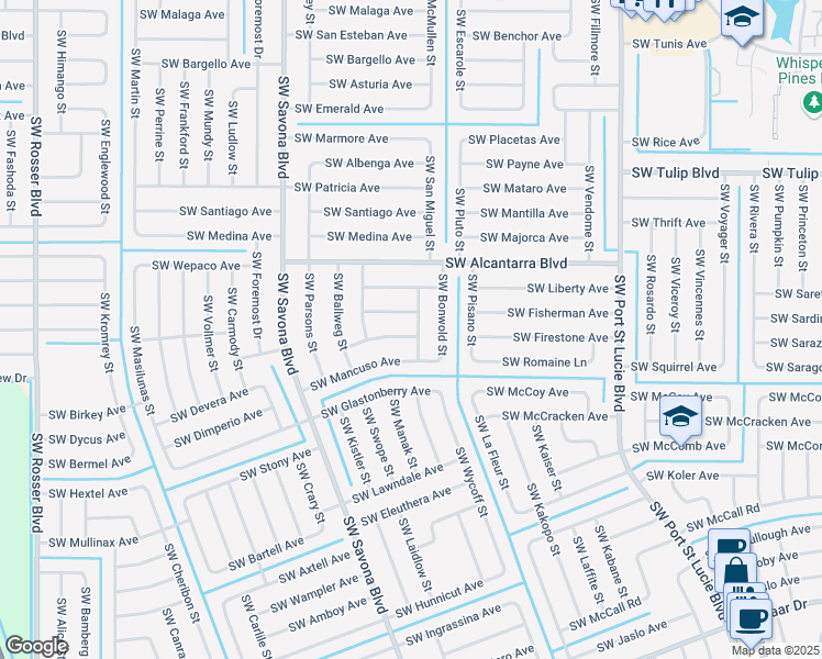 map of restaurants, bars, coffee shops, grocery stores, and more near 1201 Southwest Minyo Avenue in Port St. Lucie