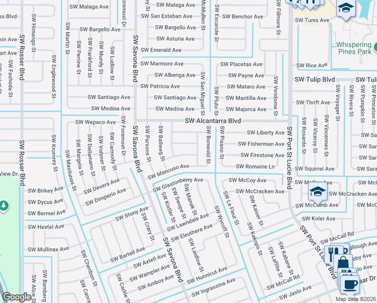 map of restaurants, bars, coffee shops, grocery stores, and more near 1201 Southwest Minyo Avenue in Port St. Lucie
