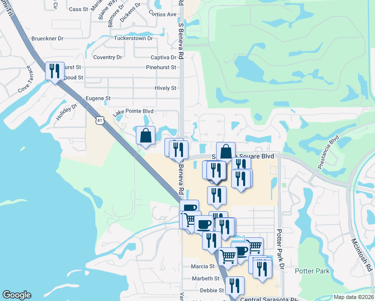 map of restaurants, bars, coffee shops, grocery stores, and more near 7940 Pinegrove Court in Sarasota