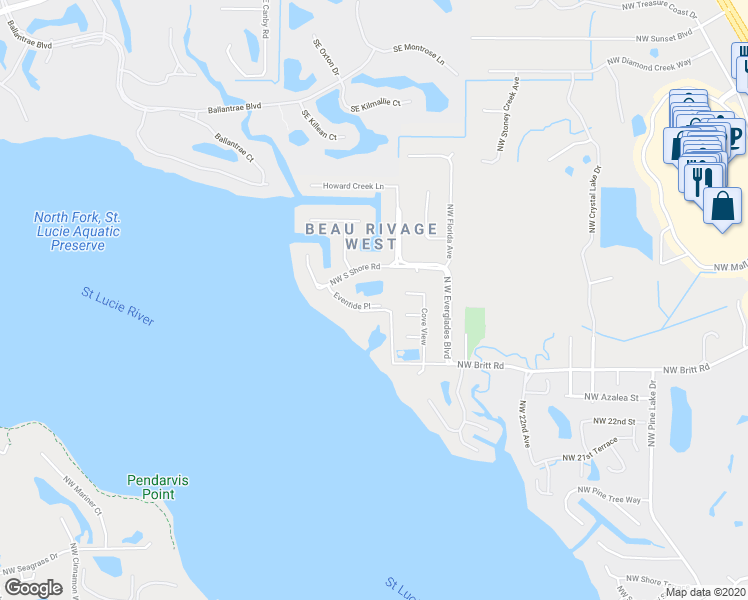 map of restaurants, bars, coffee shops, grocery stores, and more near 2541 Eventide Place in Stuart