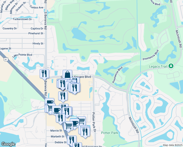 map of restaurants, bars, coffee shops, grocery stores, and more near 3951 Square East Lane in Sarasota