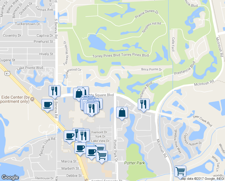 map of restaurants, bars, coffee shops, grocery stores, and more near 3951 Square East Lane in Sarasota