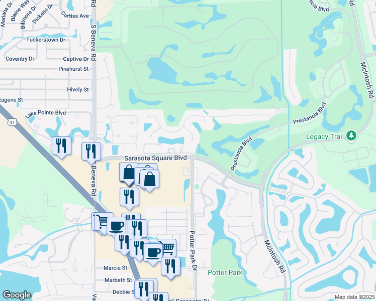 map of restaurants, bars, coffee shops, grocery stores, and more near 3951 Square East Lane in Sarasota