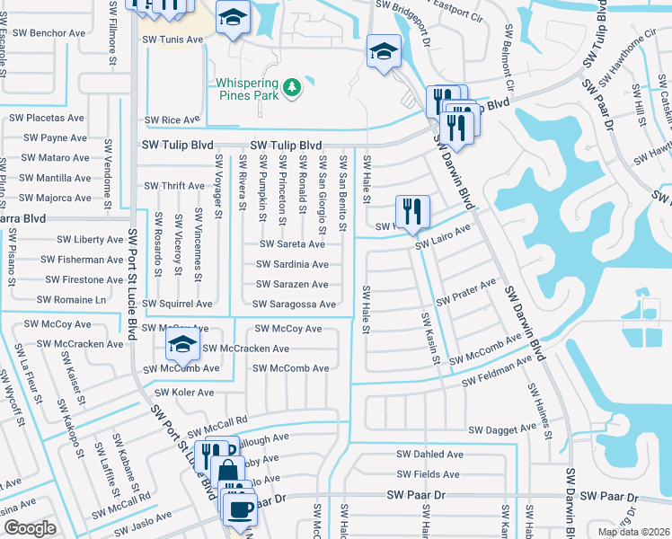 map of restaurants, bars, coffee shops, grocery stores, and more near 3656 Southwest San Benito Street in Port St. Lucie