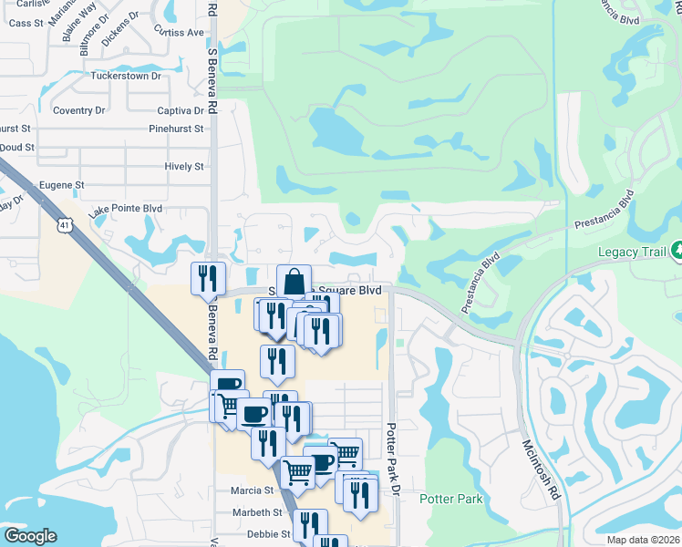 map of restaurants, bars, coffee shops, grocery stores, and more near 3731 Sarasota Square Boulevard in Sarasota