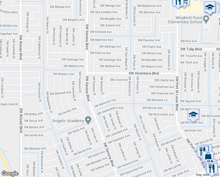map of restaurants, bars, coffee shops, grocery stores, and more near 3665 Southwest Sterricker Street in Port St. Lucie