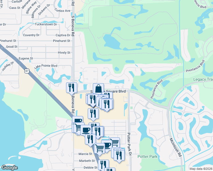 map of restaurants, bars, coffee shops, grocery stores, and more near 3685 Square West Lane in Sarasota