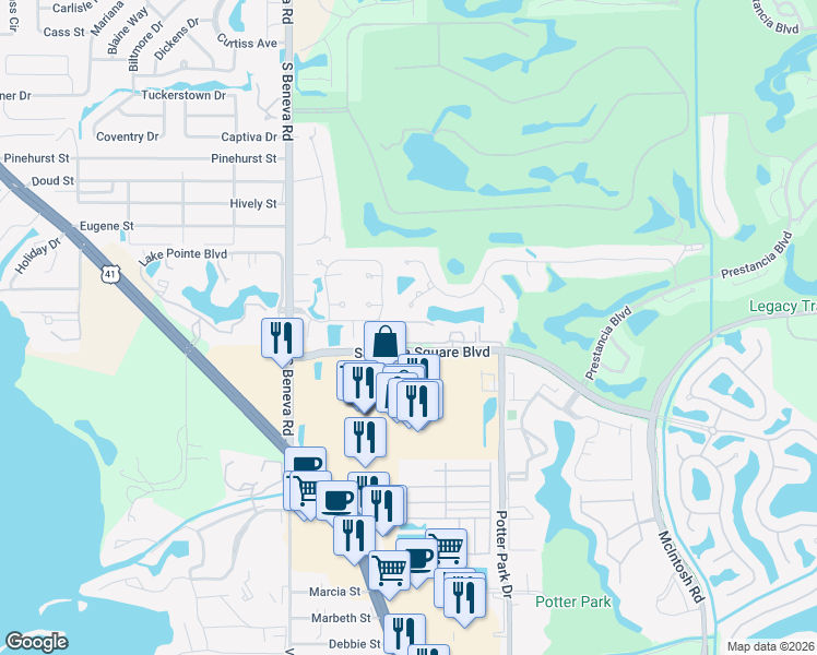 map of restaurants, bars, coffee shops, grocery stores, and more near 3685 Square West Lane in Sarasota