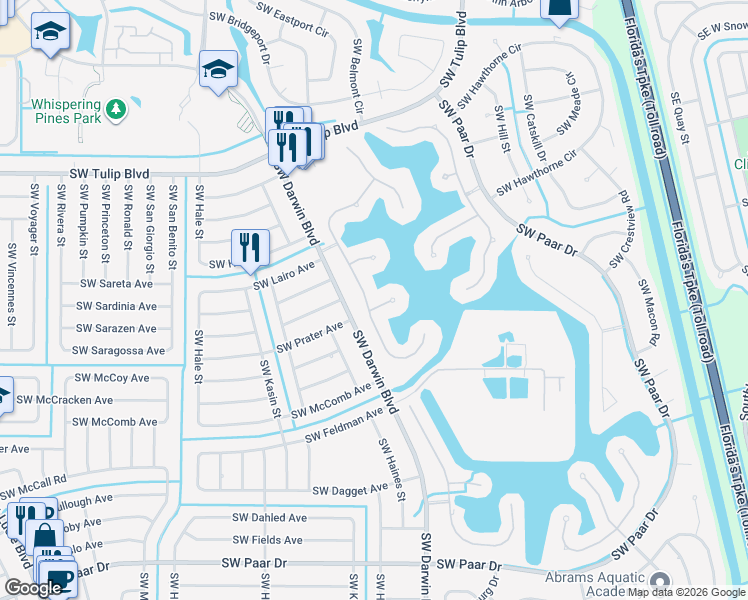 map of restaurants, bars, coffee shops, grocery stores, and more near 341 Southwest Panther Trce in Port St. Lucie