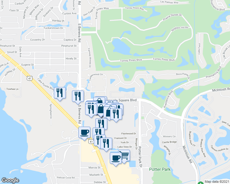 map of restaurants, bars, coffee shops, grocery stores, and more near 3685 Square West Lane in Sarasota