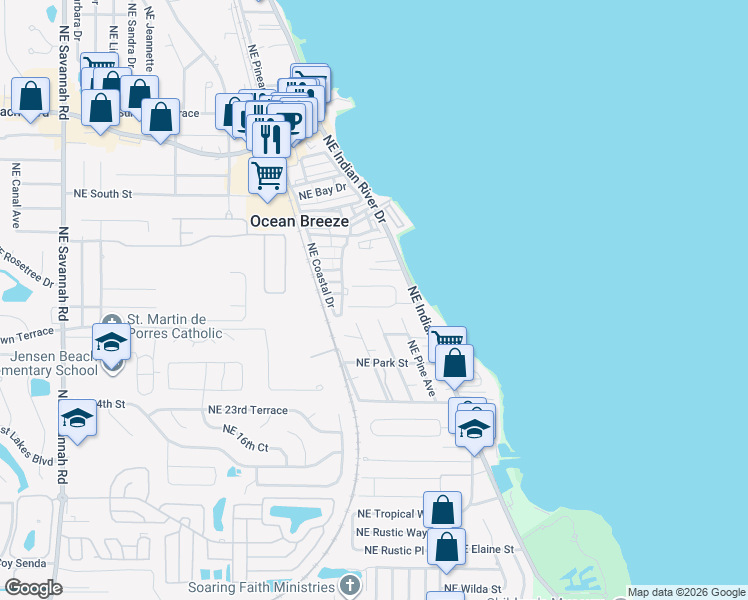 map of restaurants, bars, coffee shops, grocery stores, and more near 2199 Northeast Flamingo Terrace in Jensen Beach